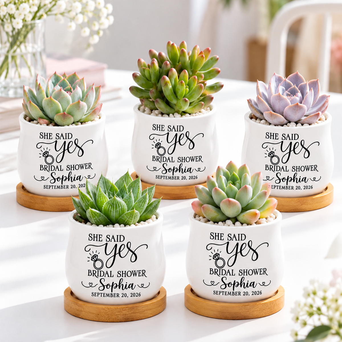 buy Personalized Succulent Pot for Wedding favor She Said Yes online, white glazed ceramic barrel-style mini pot with custom printed engagement design, natural bamboo drainage tray included, perfect bridal shower keepsake gift