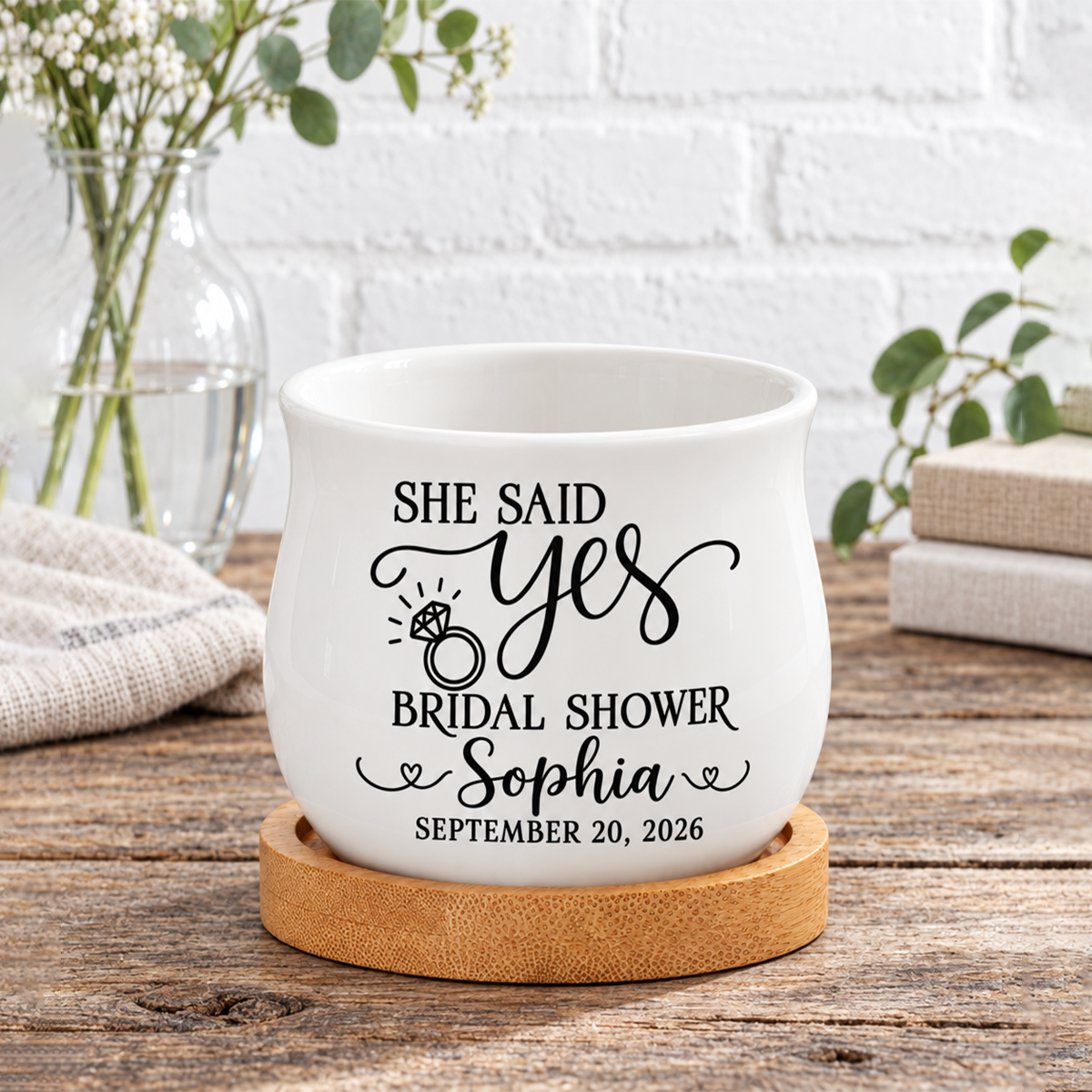 ceramic personalized succulent pot with succulent bridal shower favor she said yes for sale, ivory glazed pots with engraved details, bulk set of 24 includes living plants, ideal for coordinated wedding guest favors and shower decorations, stunning gift collection for bride and entire wedding party