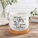 ceramic personalized succulent pot with succulent bridal shower favor she said yes for sale, ivory glazed pots with engraved details, bulk set of 24 includes living plants, ideal for coordinated wedding guest favors and shower decorations, stunning gift collection for bride and entire wedding party