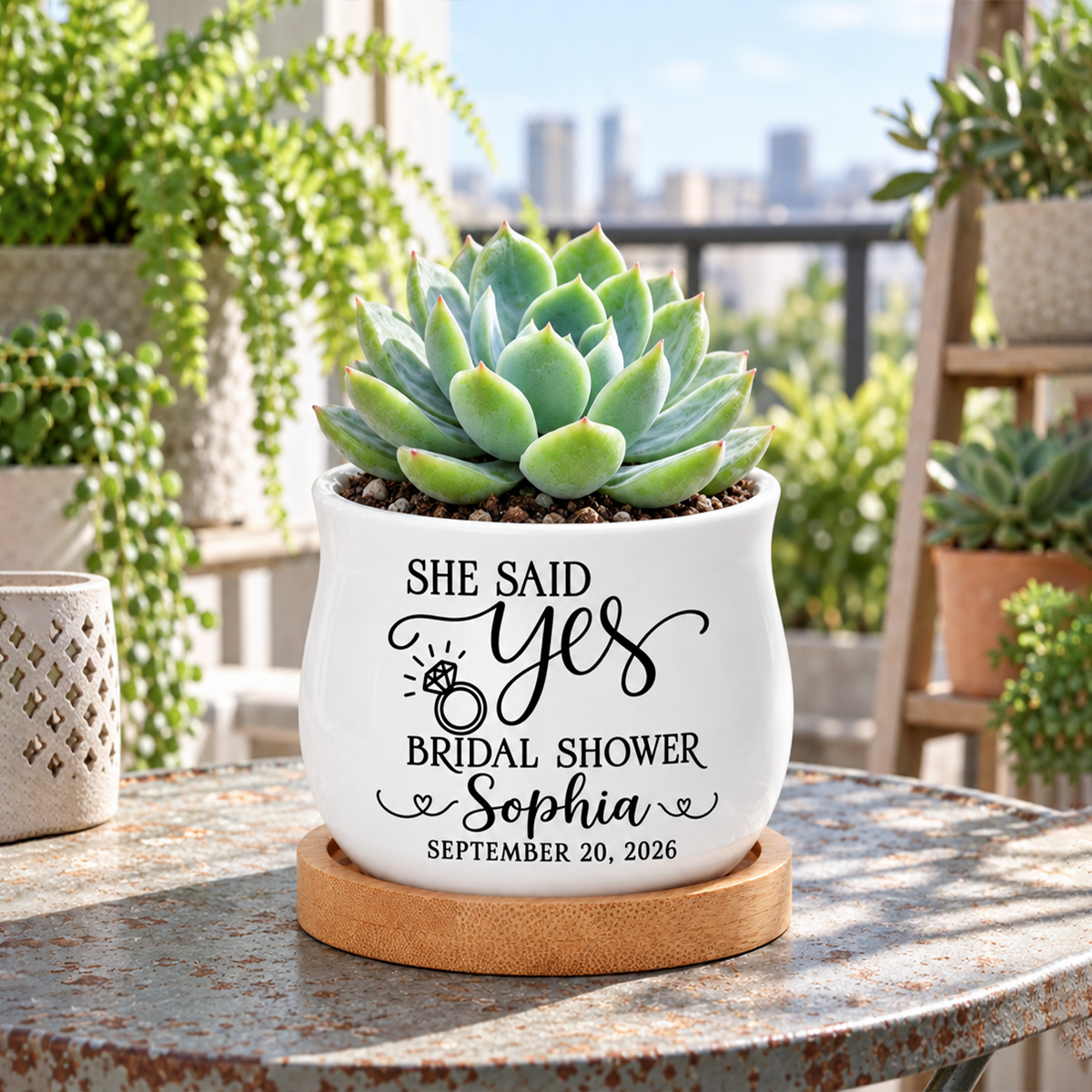 ceramic personalized succulent pot for bridal shower favor she said yes for sale, cream colored glazed material with she said yes text, includes living succulent plant, ideal for wedding favors and table decorations, beautiful keepsake gift for bridesmaids and wedding guests
