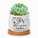 ceramic personalized succulent pot with succulent bridal shower favor she said yes for sale, ivory glazed pots with engraved details, bulk set of 24 includes living plants, ideal for coordinated wedding guest favors and shower decorations, stunning gift collection for bride and entire wedding party