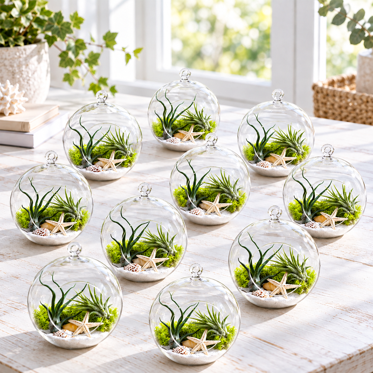 seascape-themed glass terrarium displaying two live air plants: a tillandsia bulbosa guatemala with silvery-green curled leaves and a smaller tillandsia ionantha with reddish-purple coloring, nestled among decorative coastal elements and light-colored sand or substrate against a natural backdrop