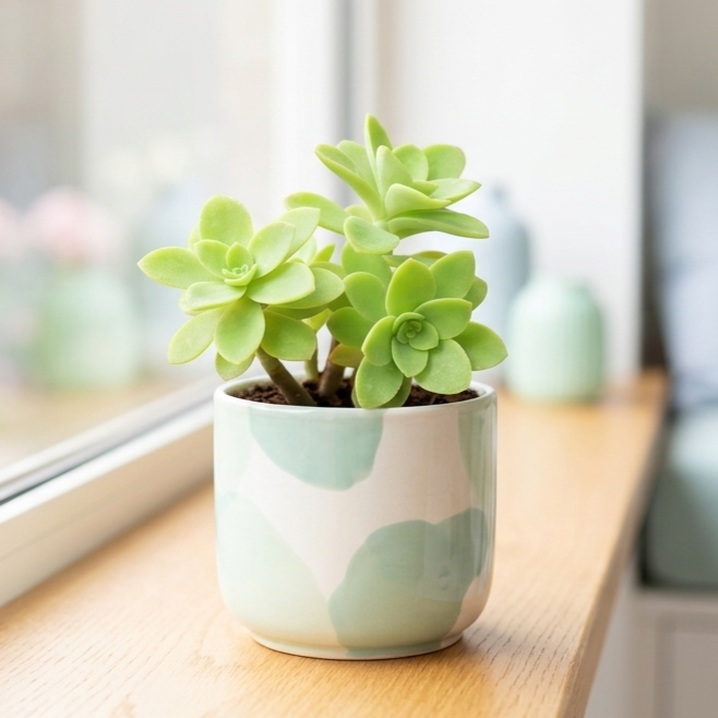 buy sedum palmeri live succulent 1.5 inch online, delicate pale green leaves with rosy pink edges that deepen in bright light, compact trailing growth habit perfect for cascading displays, adapts well to direct sun or low-light conditions with rotating care, handles drafty windows and dry heated air with ease, charming succulent shelf accent or hanging planter display, thoughtful rare succulent gift for collectors