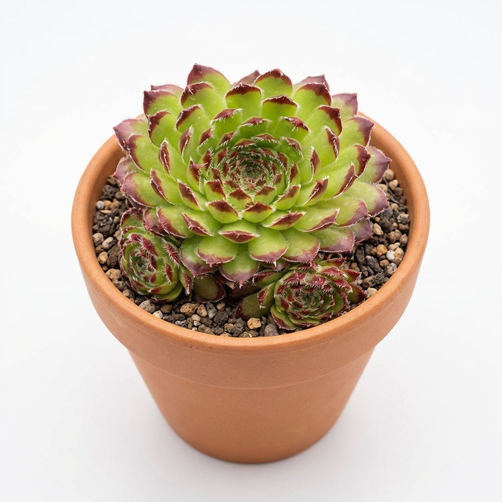 Sempervivum 'Beautiful' in a clay pot, green succulents, indoor succulents, succulent care guide, buy succulents online