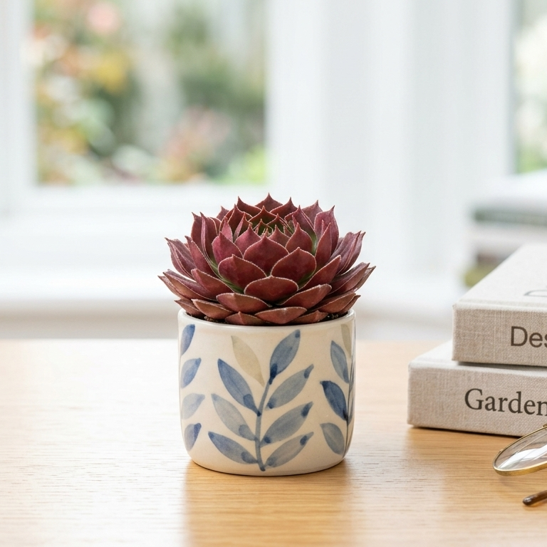buy Sempervivum Deimos live succulent 2 inch online, compact rosette with forest green and white coloring, architectural form, frost tolerant hardy succulent, perfect for balcony gardens and beginner plant collectors seeking low maintenance greenery