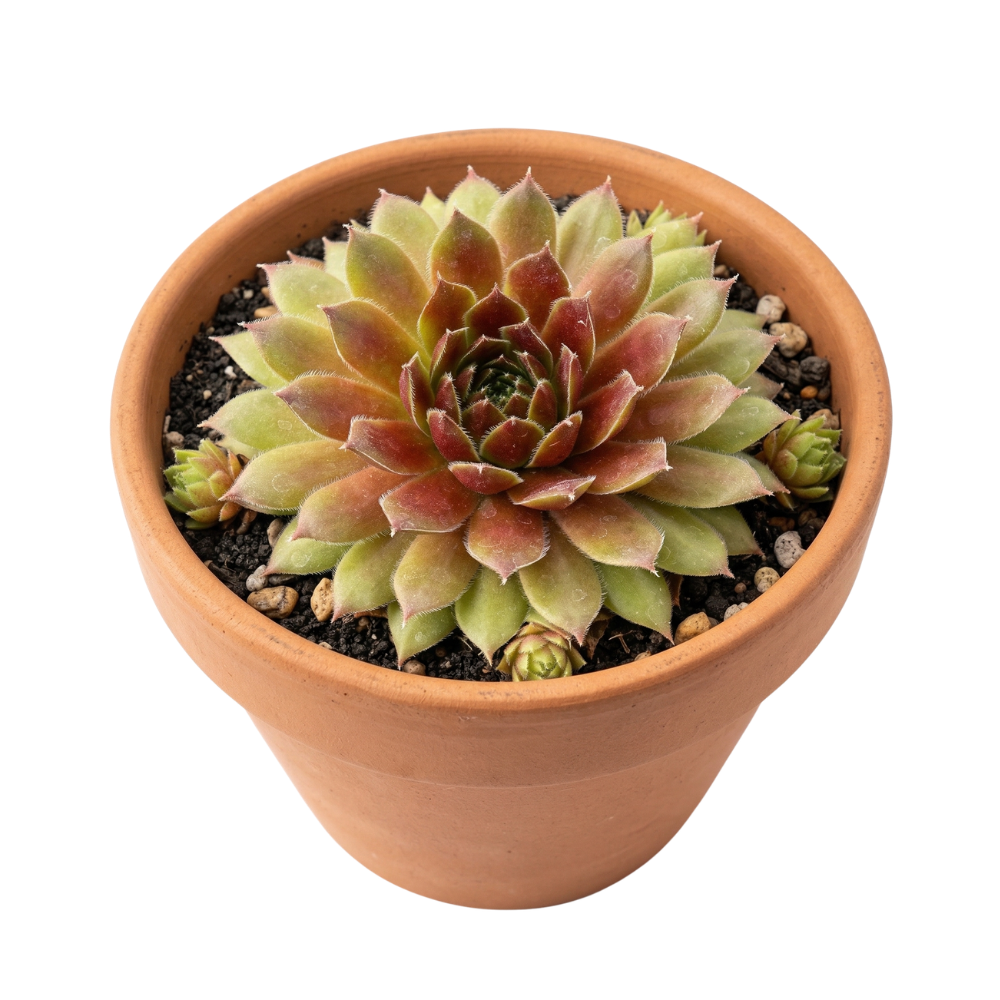 Close-up of Sempervivum 'Ohu Om Ohu' in a clay pot on a white background, green succulents, indoor succulents, succulent care guide, buy succulents online