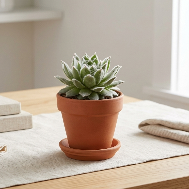 buy Sempervivum Rosa Madchen live succulent 2 inch online, forest green and white rosette forming leaves, frost tolerant hardy houseleek, architectural bohemian aesthetic, ideal gift for plant lovers and gardeners