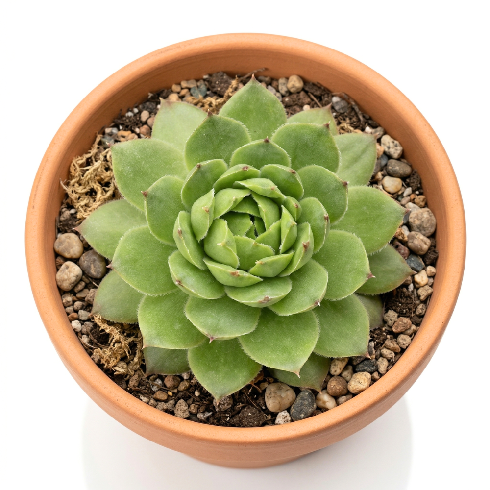 Sempervivum tectorum f/ Soldeu in a clay pot on a white background, green succulents, indoor succulents, succulent care guide, buy succulents online