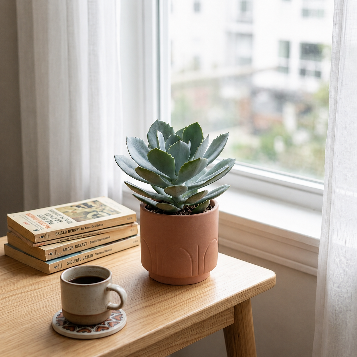 Senecio cephalophourus 'Mountain Fire' in decorative pot on the wooden table, unique succulent gift decor ideas