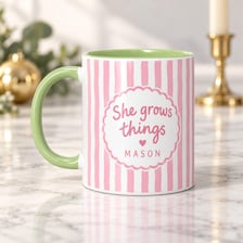 15 oz She Grows Things Personalized Mug - Pastel Striped Design for sale, generous capacity ceramic mug featuring soft pastel horizontal stripes and custom name or message, versatile everyday drinkware with cheerful botanical theme, perfect cozy mug for coffee or tea lovers, beautiful gift for plant parents and garden enthusiasts, memorable personalized mug gift for plant growers