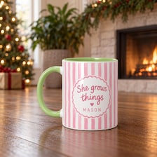 15 oz She Grows Things Personalized Mug - Pastel Striped Design for sale, lovely pastel striped ceramic mug with space for personalized text or name, premium quality drinkware for hot beverages and cold drinks, cheerful botanical-themed mug perfect for plant enthusiasts, ideal gift for someone passionate about growing plants and gardening, special personalized mug gift for plant lovers
