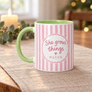 15 oz She Grows Things Personalized Mug - Pastel Striped Design for sale, lovely pastel striped ceramic mug with space for personalized text or name, premium quality drinkware for hot beverages and cold drinks, cheerful botanical-themed mug perfect for plant enthusiasts, ideal gift for someone passionate about growing plants and gardening, special personalized mug gift for plant lovers