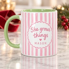 buy She Grows Things Personalized Mug - Pastel Striped Design 11 oz online, delicate pastel striped design with personalized engraving option for custom touch, smooth ceramic construction ideal for daily use, charming accessory for plant lover gift-giving, perfect addition to any plant-themed kitchen or workspace, unique personalized mug gift for gardening friends