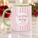 15 oz She Grows Things Personalized Mug - Pastel Striped Design for sale, lovely pastel striped ceramic mug with space for personalized text or name, premium quality drinkware for hot beverages and cold drinks, cheerful botanical-themed mug perfect for plant enthusiasts, ideal gift for someone passionate about growing plants and gardening, special personalized mug gift for plant lovers