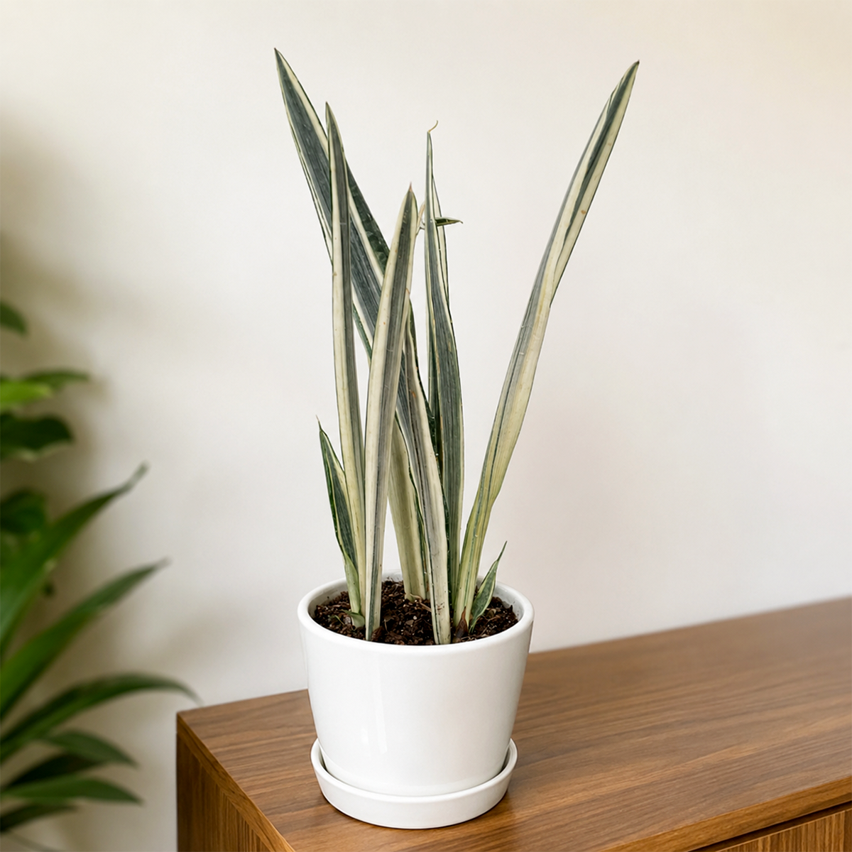 Buy 8 inch Snake 'Bantel's Sensation' online. Snake 'Bantel's Sensation' is a striking houseplant known for its tall, narrow leaves with elegant silver-green striping and upright growth. It thrives in bright, indirect light but adapts well to lower light conditions, requiring only occasional watering in well-draining soil. This low-maintenance indoor plant is perfect for homes, offices, or anyone looking to add a stylish and air-purifying plant to their collection.