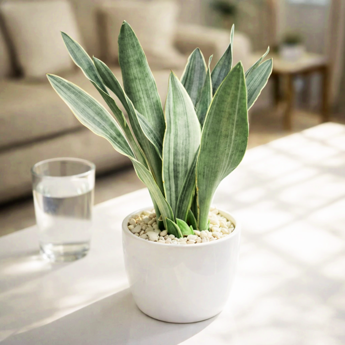 Sansevieria Sayuri live snake plant with silvery leaves in a grower pot, Silvery green snake plant for sale online, Low maintenance indoor plants, Air purifying plants for home office