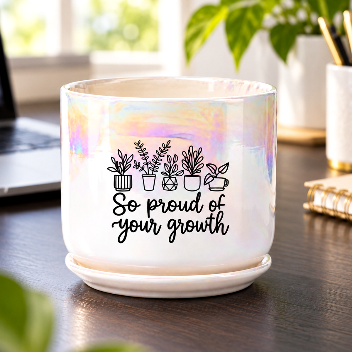 Iridescent White Ceramic Pot - So Proud of Your Growth