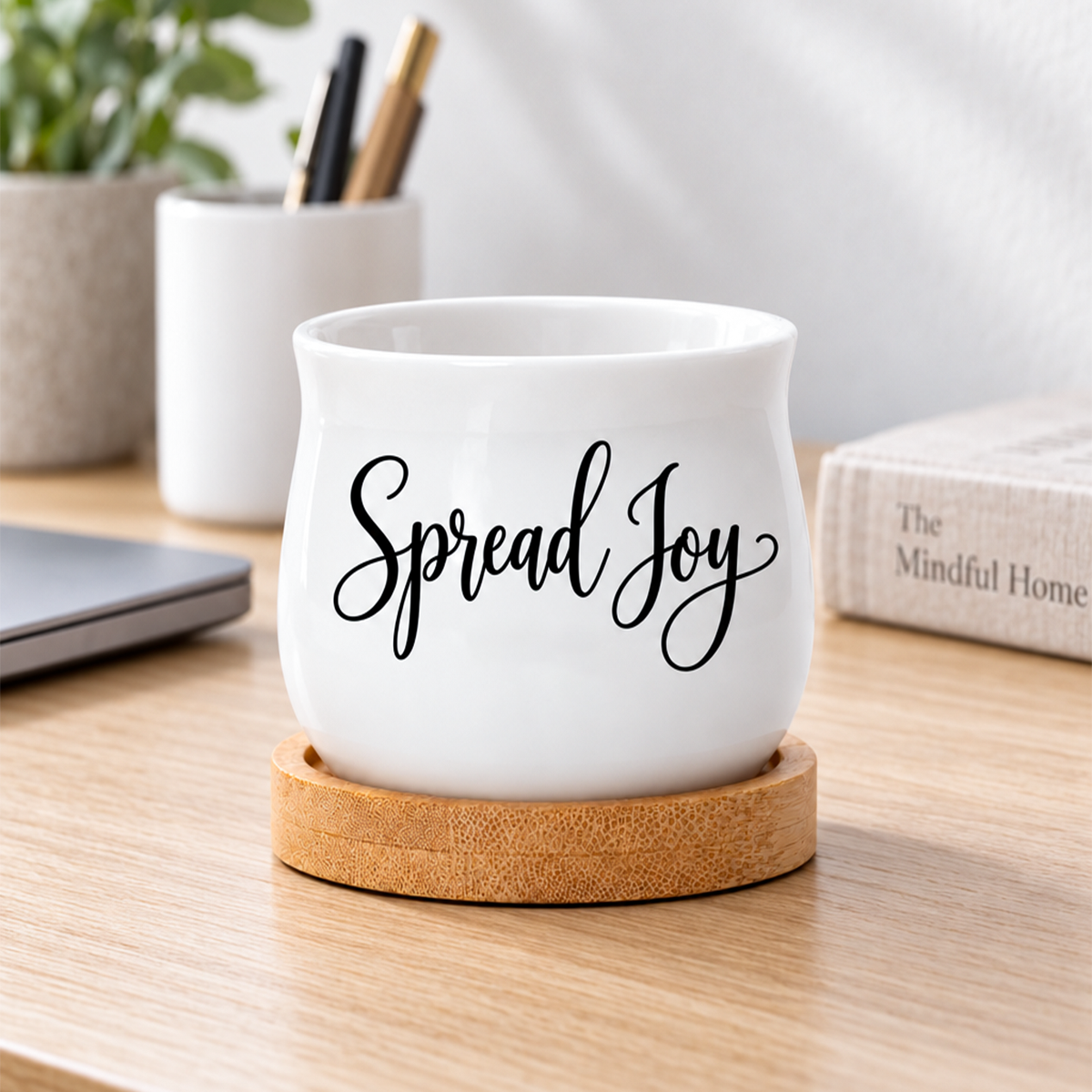 barrel style succulent pot - spread joy for sale, glazed ceramic container with drainage hole, small tabletop planter with matching bamboo tray, versatile home decor accessory, perfect gift option
