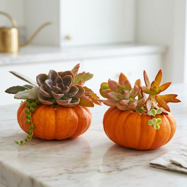 overhead view of assorted rooted succulent cuttings in small nursery pots arranged on a neutral surface, displaying varied green, purple, and reddish foliage with autumn-inspired styling and small decorative pumpkins