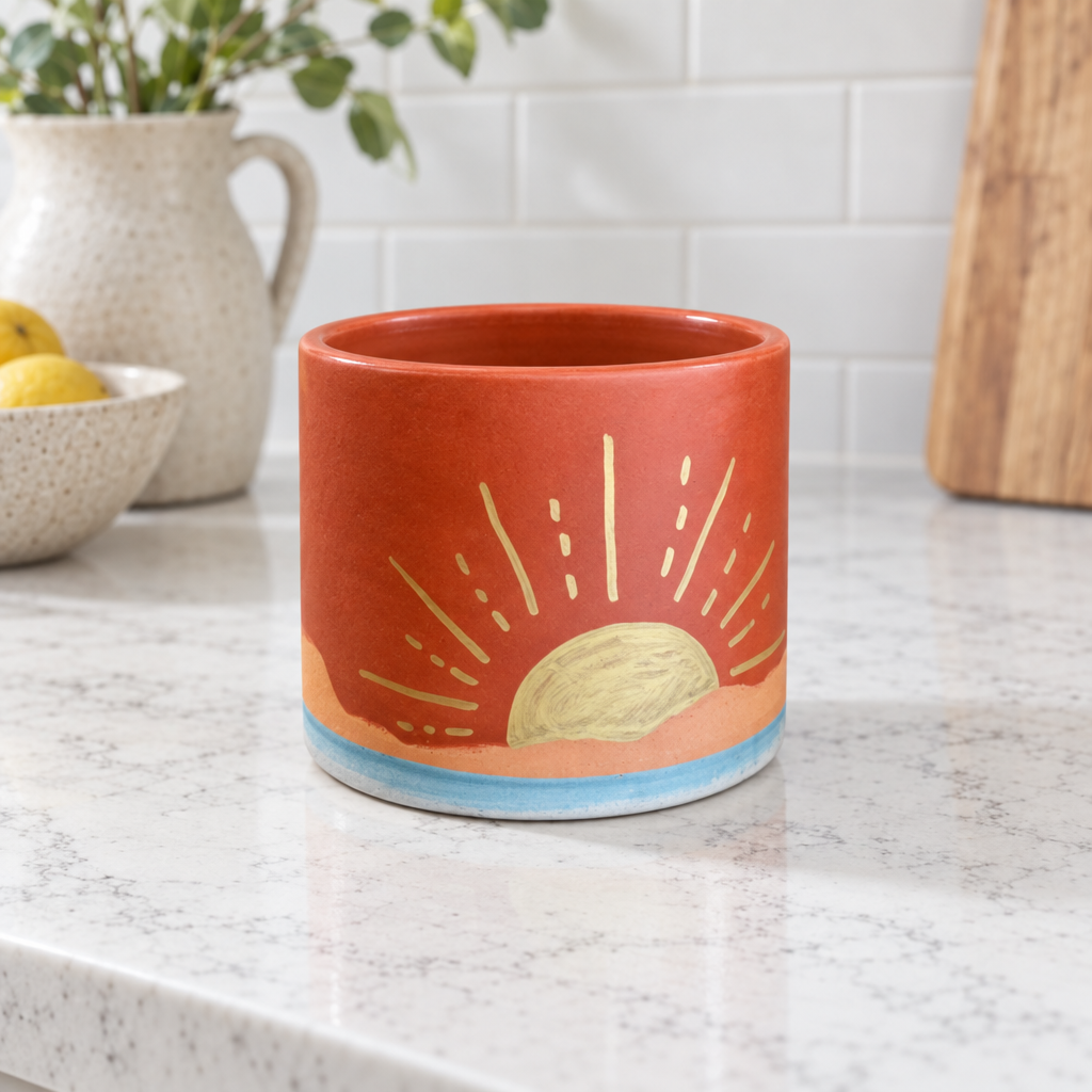 with tray Sunset Layered Flower Pot for sale, concrete warm tones decorative style large size, great for patio decor, thoughtful present for gardeners