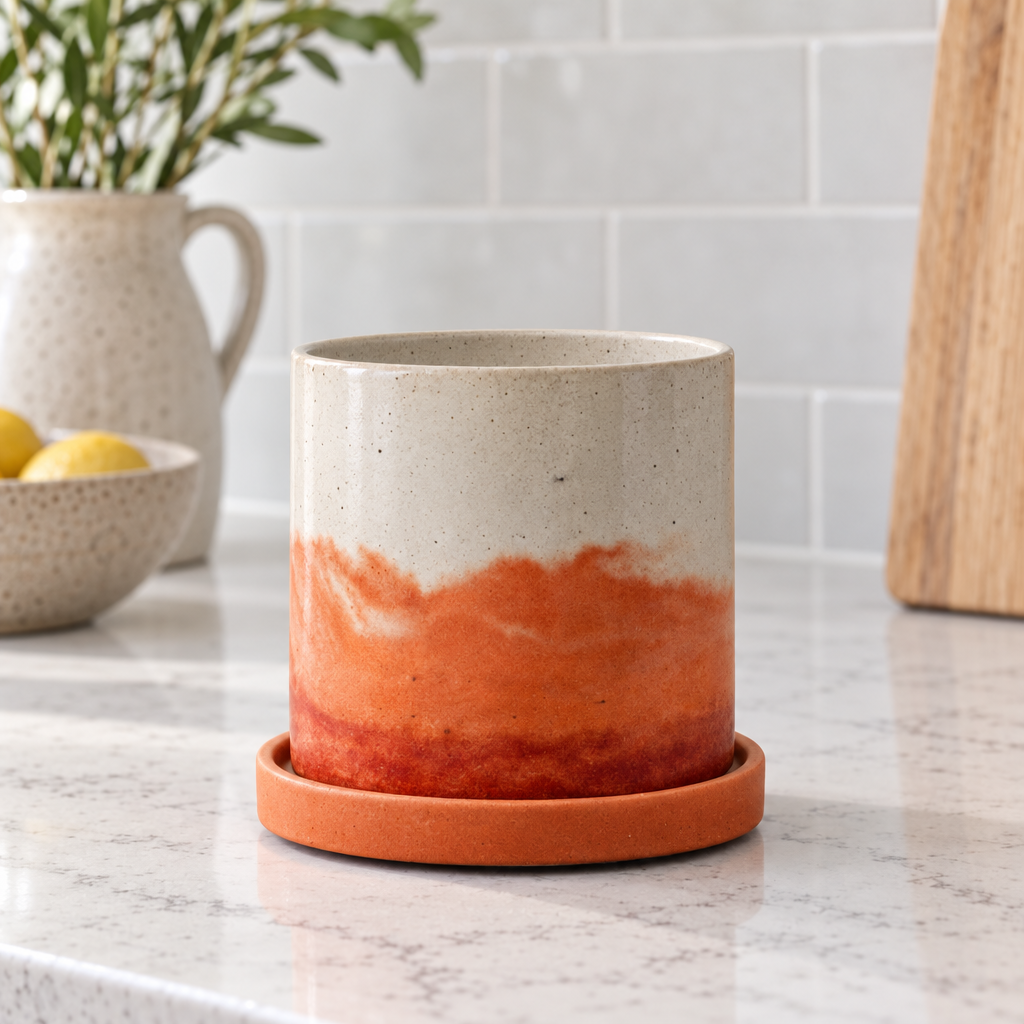 with tray Sunset Watercolor Pot for sale, artistic design, vibrant hues, indoor decor, ideal for shelves, unique home gift
