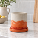 with tray Sunset Watercolor Pot for sale, artistic design, vibrant hues, indoor decor, ideal for shelves, unique home gift