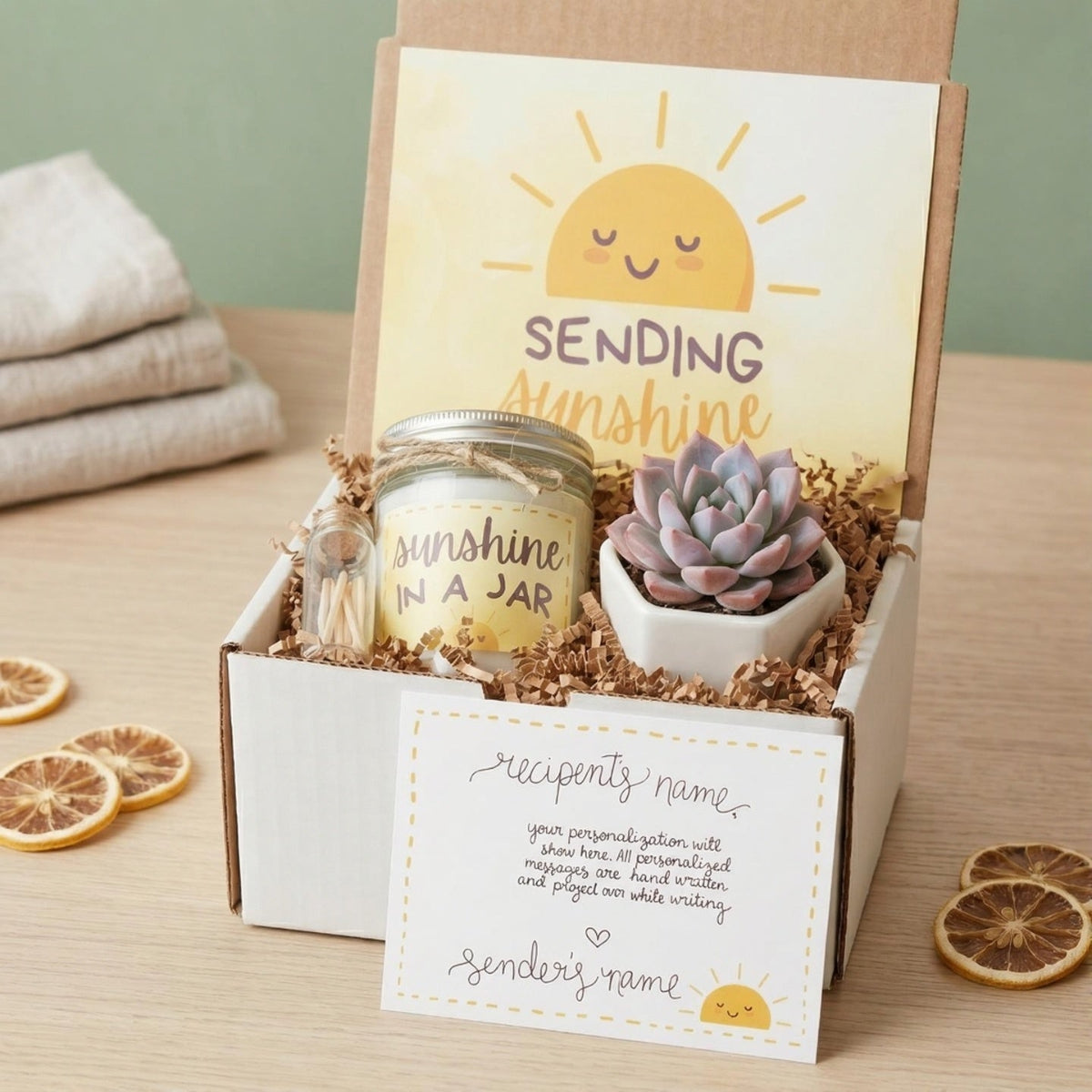 sunshine gift box for sale, cozy sunshine gift box for emotional support,  eco friendly sunshine gift box with natural items, sunshine gift box with candle and self care items