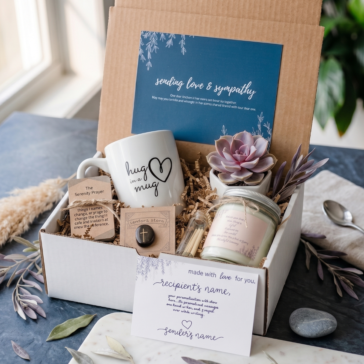 sympathy gift box for sale, small sympathy gift box to show you care, handmade sympathy gift box with personalized note, sympathy gift for family member loss