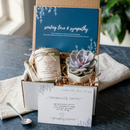 sympathy gift box for sale, condolence gift box for neighbor, sympathy care package to show support, comfort gift box for grief and healing, grief care package with self care items, cozy comfort gift box for grieving loved one, sympathy gift box with plant and message card