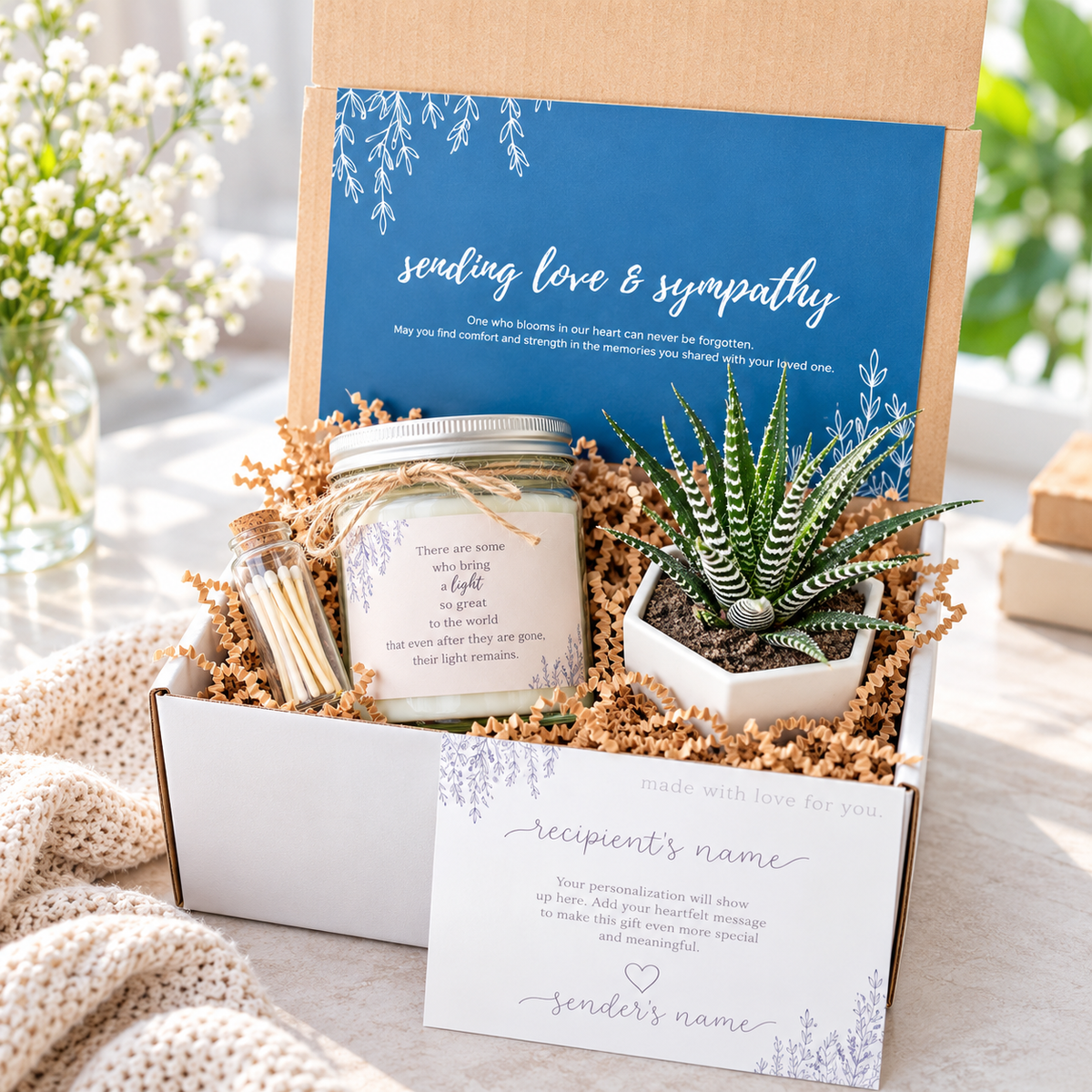 A gift box arrangement with a blue card reading 'sending love &amp; sympathy,' a mason-jar candle, a small succulent in a white pot, a match bottle, and a printed card, styled on a light fabric surface with flowers in the background.