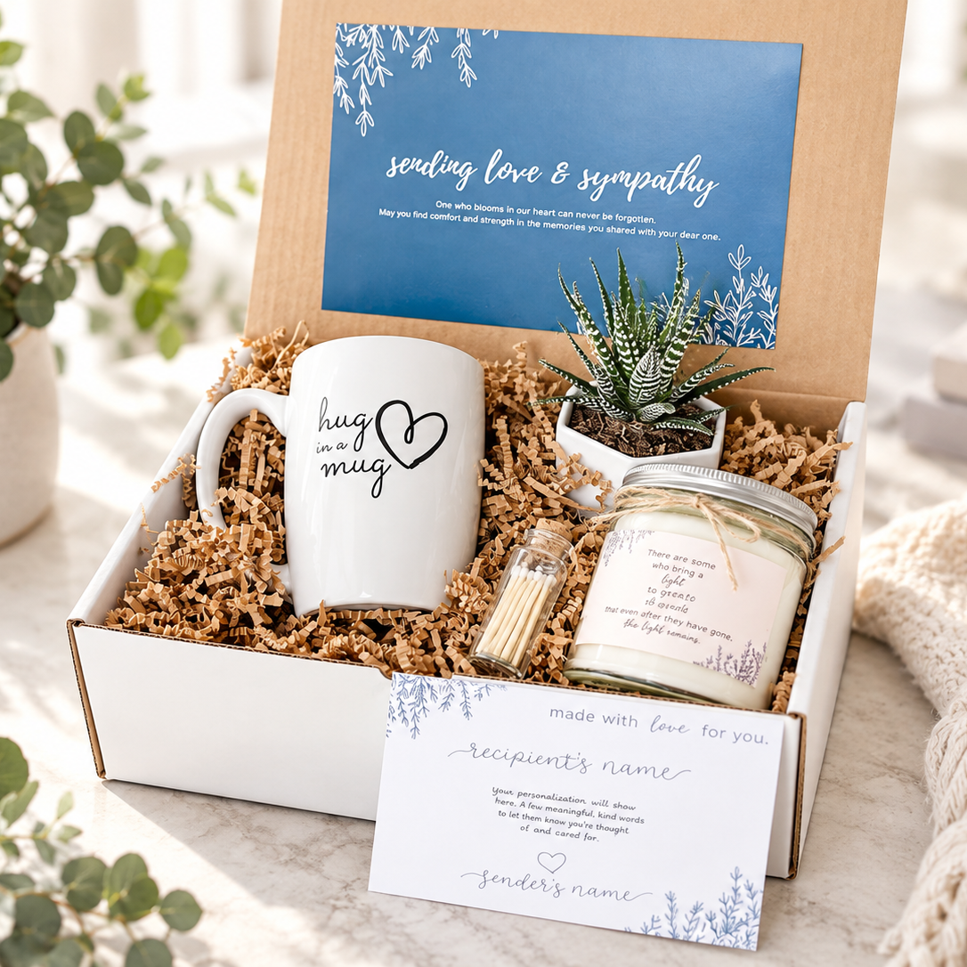A curated gift box filled with a white ceramic mug that reads 'hug so much more than a mug', a small succulent, a candle in a glass jar, a match bottle, and printed cards, arranged in brown paper shred on a light surface with plants and a knit blanket nearby.
