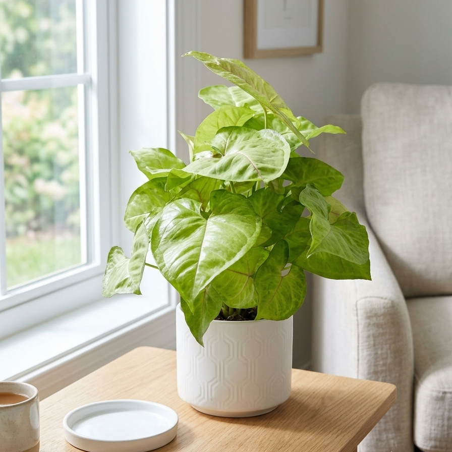buy Syngonium Cream Allusion live houseplant 3" pot online, cream and green variegated arrow-shaped leaves, compact trailing growth form, naturally humidifies air, thrives in high humidity, perfect for office desks and living room shelves, ideal gift for plant lovers
