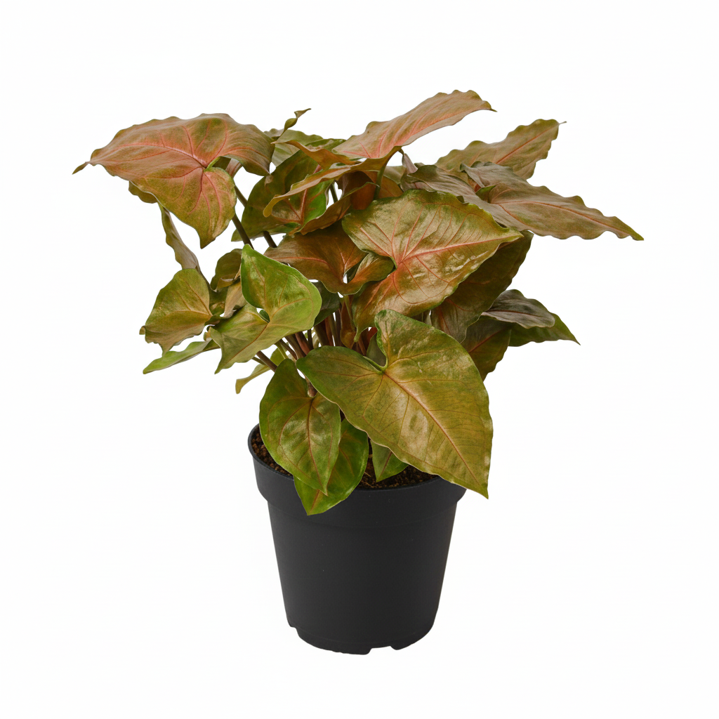 a vibrant Syngonium 'Merry' plant in a grower pot, showcasing its large, heart-shaped leaves with dark green and deep red coloration