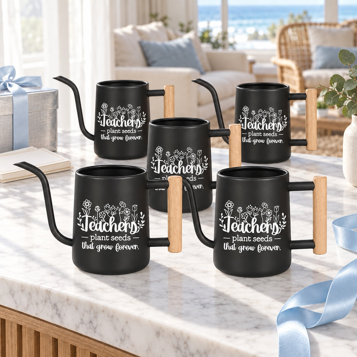 buy 10-Pack black Pack of Teacher Gift Watering Can - Plant Seeds That Grow Forever online, set of ten black watering cans, durable metal, sleek matte finish, perfect for classrooms, great for group planting activities, bulk teacher gift idea
