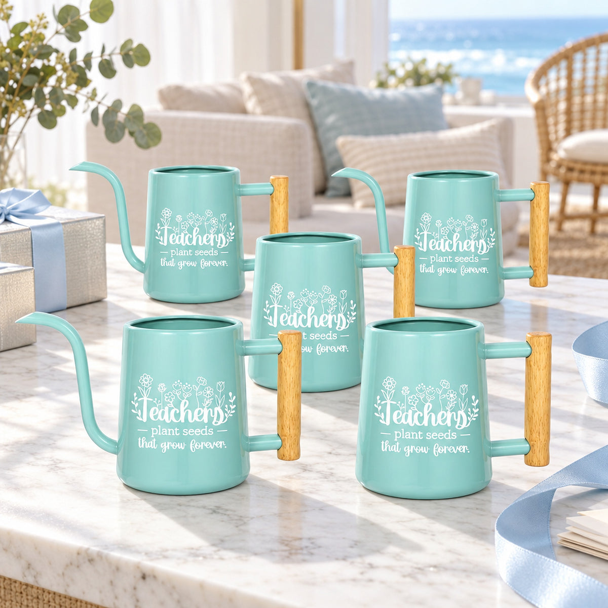 buy 10-Pack gray Pack of Teacher Gift Watering Can - Plant Seeds That Grow Forever online, ten gray metal watering cans, modern aesthetic, sturdy build, designed for indoor plant care, perfect for office desks, thoughtful gift for teaching staff