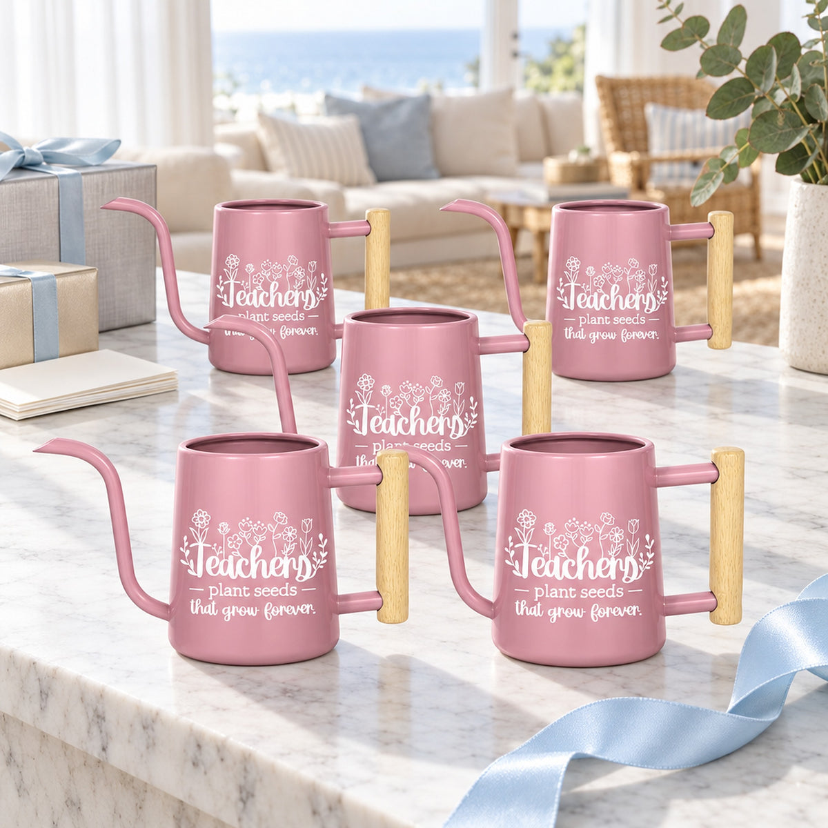 buy 5-Pack gray Pack of Teacher Gift Watering Can - Plant Seeds That Grow Forever online, modern gray metallic sheen, robust construction, sleek design, perfect for indoor plant care, ideal for succulent arrangements, appreciation gift for teachers
