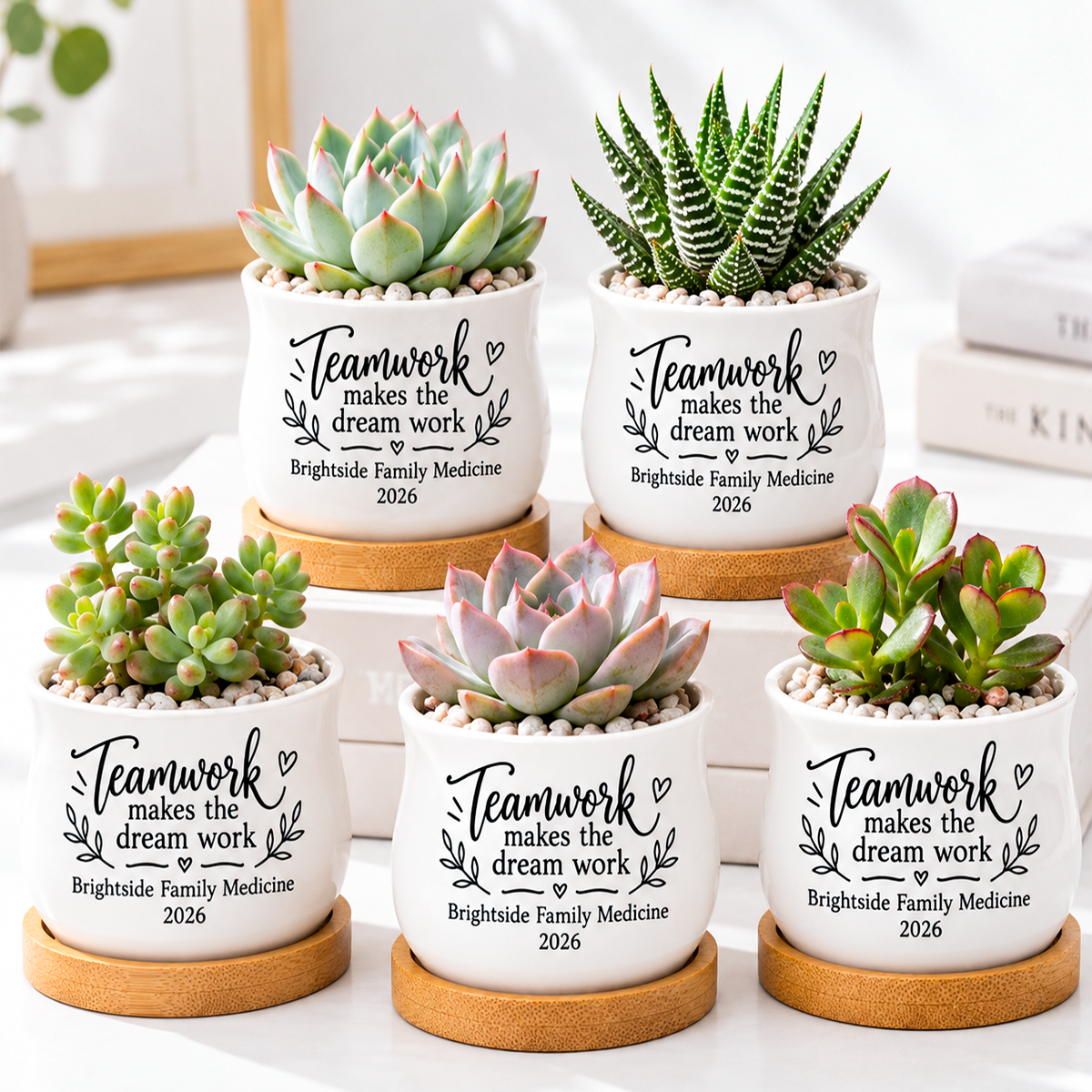 buy Pack of Personalized Succulent Pot for Corporate Favor - Teamwork online, white glazed ceramic barrel pot, custom printed teamwork design, includes bamboo drainage tray, perfect corporate team gift or event favor