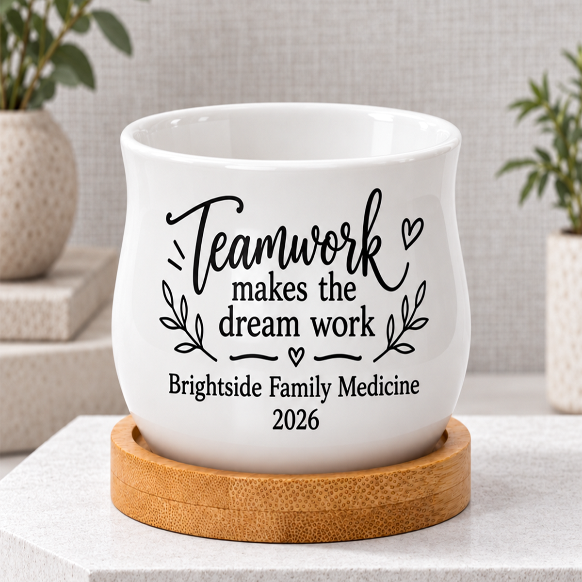 white glazed ceramic personalized succulent pot for corporate favor teamwork for sale, miniature barrel planter featuring custom printed teamwork design, includes natural bamboo tray and bottom drainage hole, perfect desktop accessory for offices or home, personalized with your company details