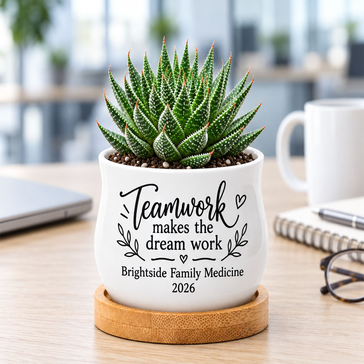 buy personalized succulent pot for corporate favor teamwork online, white glazed ceramic barrel shaped mini planter with bamboo drainage tray, compact 2.6 inch wide desktop size, customizable with team name and event date, ideal corporate team gift