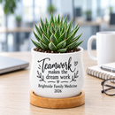 buy personalized succulent pot for corporate favor teamwork online, ceramic mini pot without plant ready to fill with succulent or dried flowers, sleek white finish with matching bamboo tray base, compact tabletop size ideal for team gifts and corporate events, fully customizable with names and dates