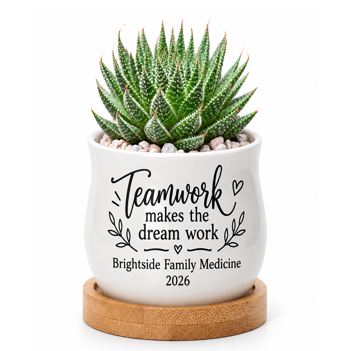 buy personalized succulent pot for corporate favor teamwork online, ceramic mini pot without plant ready to fill with succulent or dried flowers, sleek white finish with matching bamboo tray base, compact tabletop size ideal for team gifts and corporate events, fully customizable with names and dates