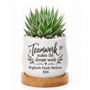 buy personalized succulent pot for corporate favor teamwork online, ceramic mini pot without plant ready to fill with succulent or dried flowers, sleek white finish with matching bamboo tray base, compact tabletop size ideal for team gifts and corporate events, fully customizable with names and dates
