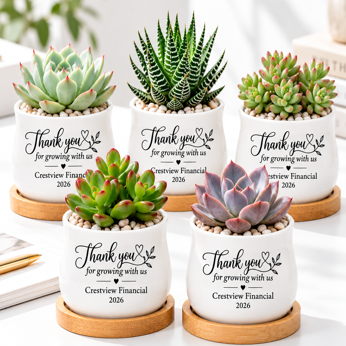 buy Pack of Personalized Succulent Pot for Corporate Favor - Thank you for growing with us online, white glazed ceramic barrel-shaped mini planter with natural bamboo drainage tray, custom printed personalization, compact desktop size, ideal corporate team gift favor