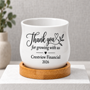buy personalized succulent pot for corporate favor thank you for growing with us online, 2.6 inch white ceramic pot shown with included bamboo base tray, drainage hole for real plants or decorative use, professional custom printing option, memorable team recognition present