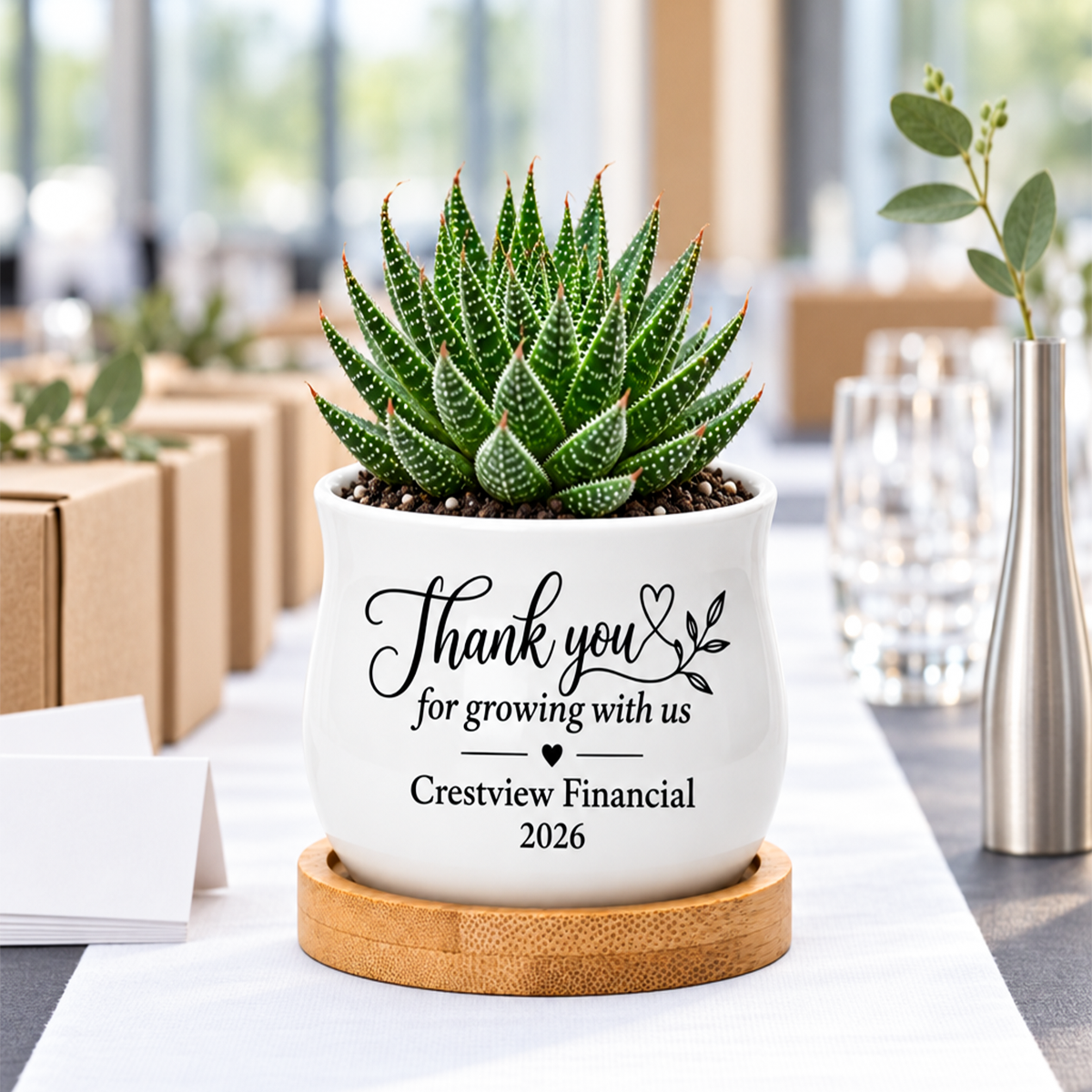 buy personalized succulent pot for corporate favor thank you for growing with us online, white glazed ceramic barrel shape, includes natural bamboo drainage tray, ideal for small plants or desk decor, perfect corporate team gift