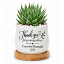 buy personalized succulent pot for corporate favor thank you for growing with us online, 2.6 inch white ceramic pot shown with included bamboo base tray, drainage hole for real plants or decorative use, professional custom printing option, memorable team recognition present