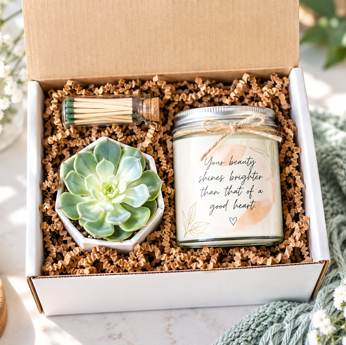 A gift box set containing a jar candle with a handwritten label, a small succulent in a white pot, and a matchstick tube, all nestled in brown crinkle paper inside an open white cardboard box.