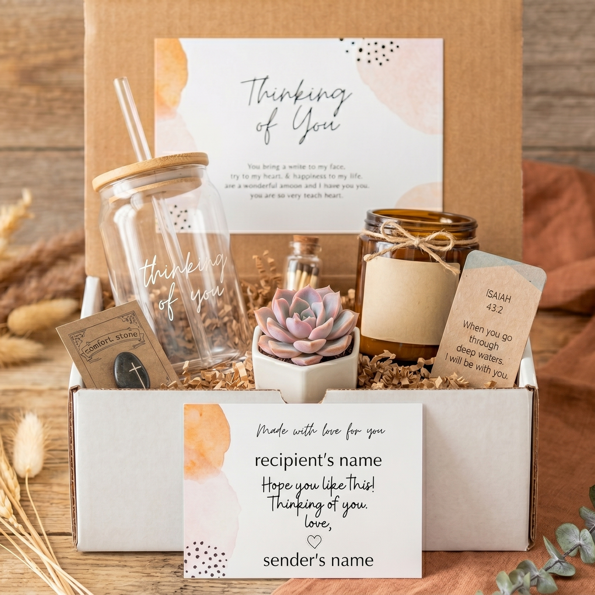 Gift box with 'Thinking of You' card, tumbler, candle, and small plant on a wooden surface.
