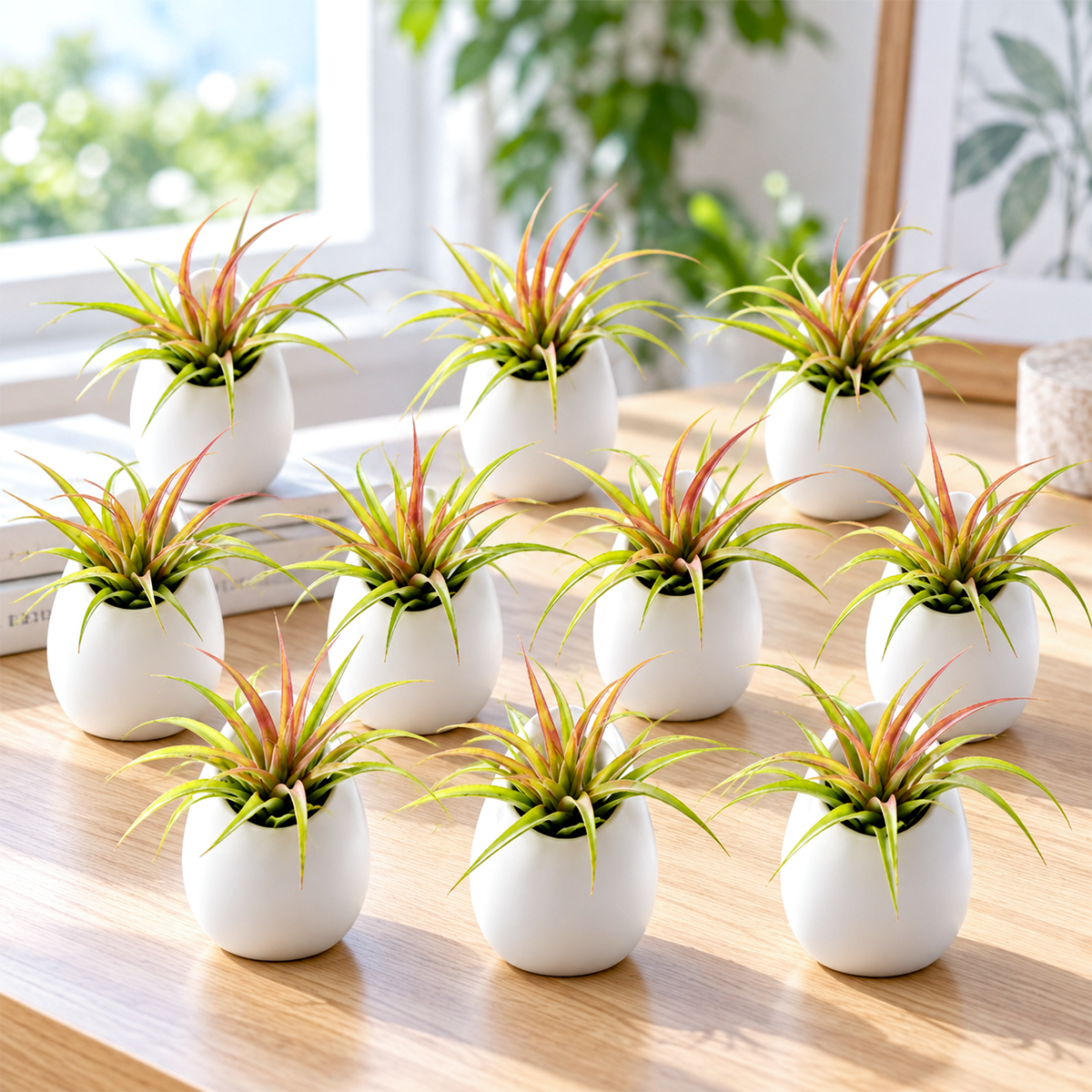 ten small tillandsia sparkler air plants arranged in and around a large ivory ceramic vase on a white surface, displaying green foliage and natural clustered growth patterns