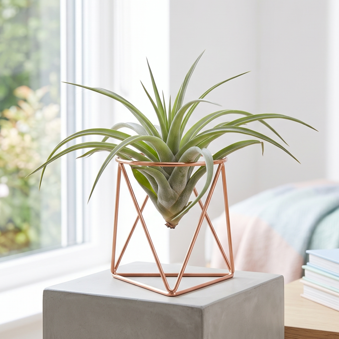 buy tillandsia aeranthos hybrid live air plant online, forest green foliage with white and vivid flowers, compact drought tolerant bromeliad, handles balcony wind and rain, perfect beginner air plant gift for plant lovers